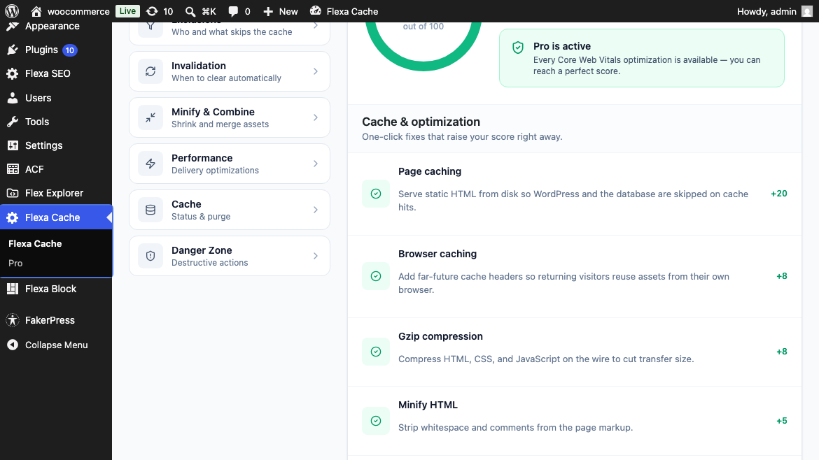 WordPress admin sidebar with the Flexa Cache menu item