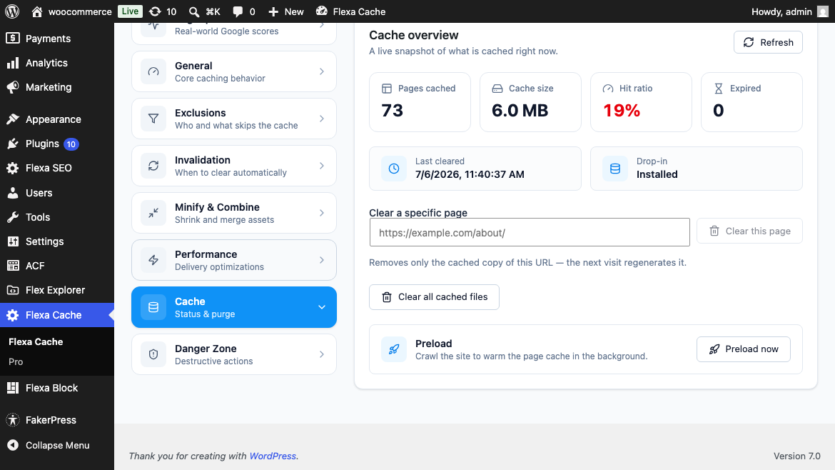 Cache tab with the stats panel, Clear all cache button and per-URL clear input