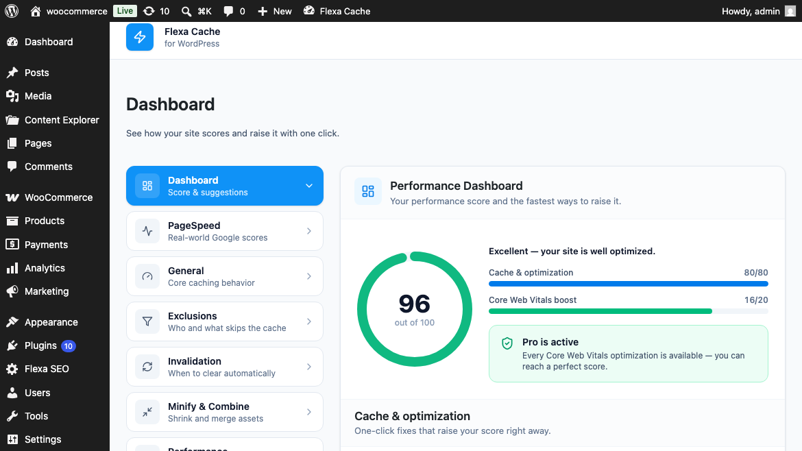 Flexa Cache admin dashboard showing the performance score and checklist