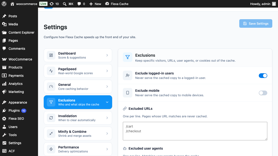 Exclusions tab with the three exclusion list editors