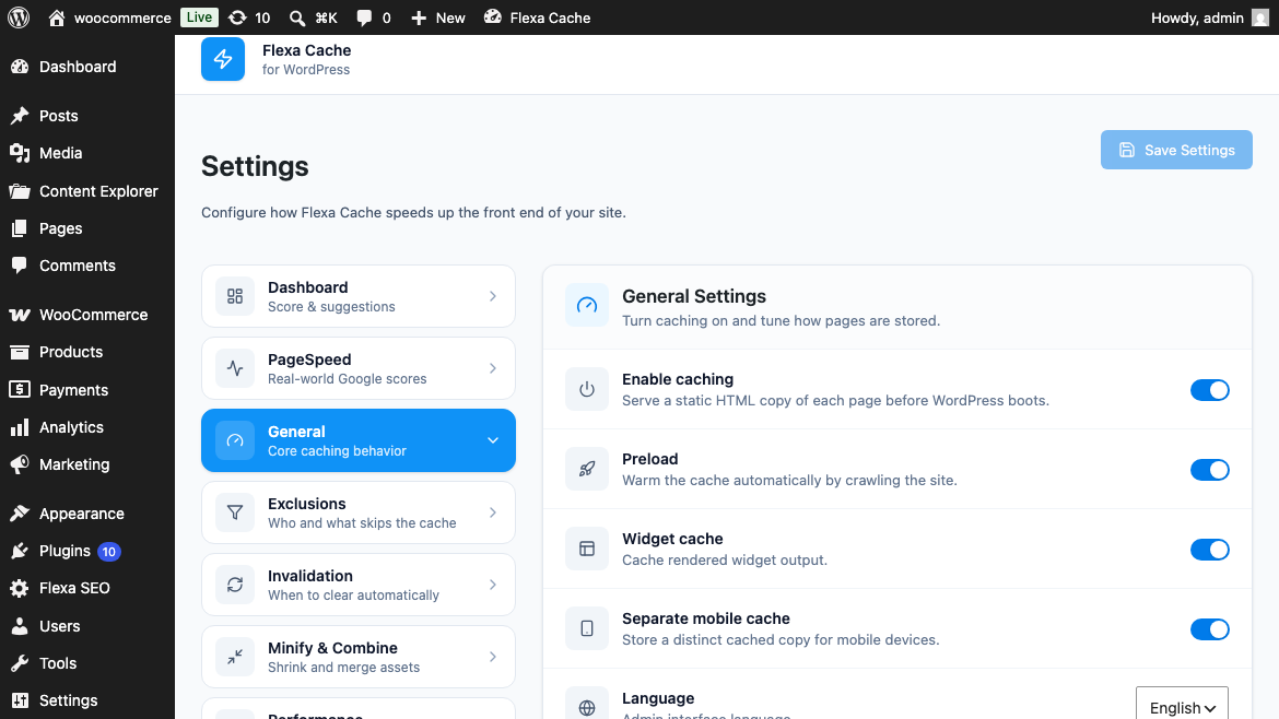 General tab showing the six core toggles